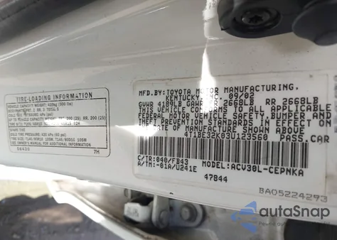 2003 Toyota Camry Le from USA, damaged, VIN 4T1BE32K03U123560